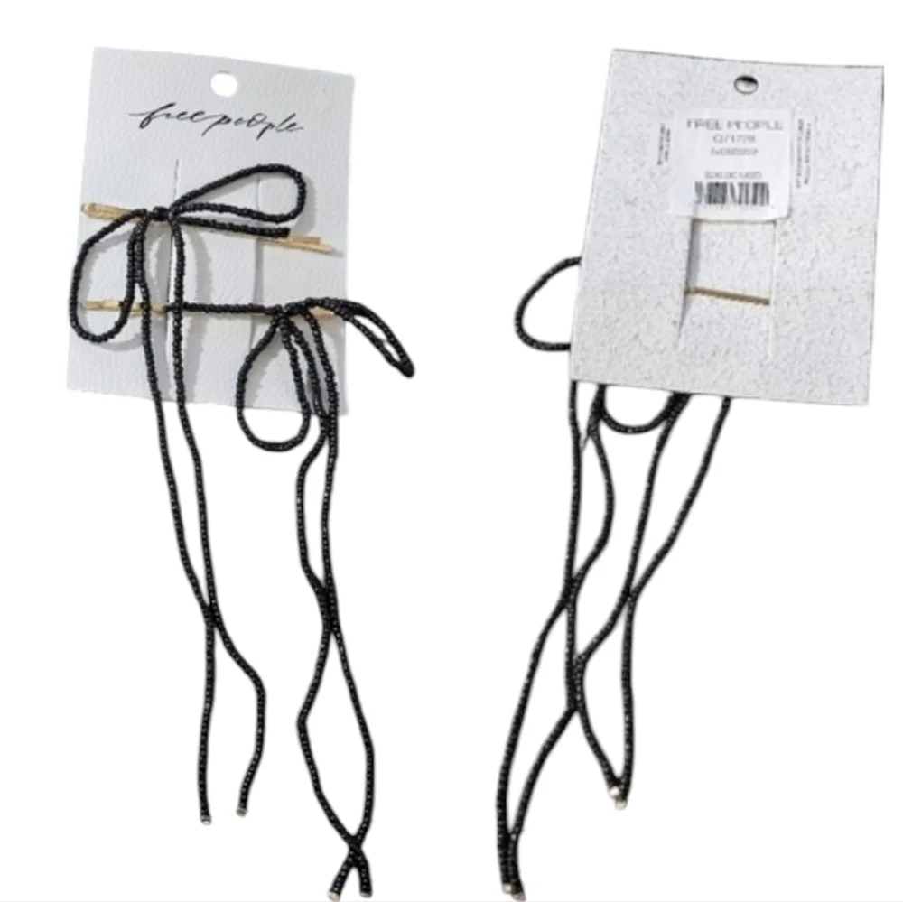 Free People Coquette Dainty Black Beaded Bow Bobby Pins Hair Clips NWT Set